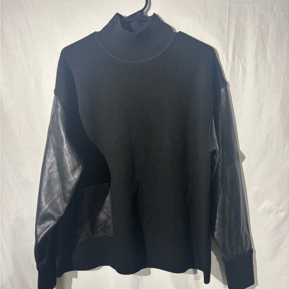 Hugo Boss Black Turtleneck Sweater with Leather Sleeves - Picture 4 of 10